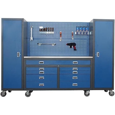 Chery Industrial Metal Storage Cabinet, Multifunctional Steel Garage Storage Cabinet W/ Doors, Sliding Drawers Blue JINWB6209BL01